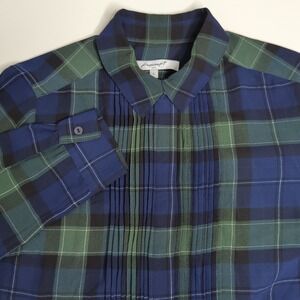 Foxcroft NYC Plaid Pleated Long Sleeve‎ Shirt 6 Womens Green Blue Sheer Academia